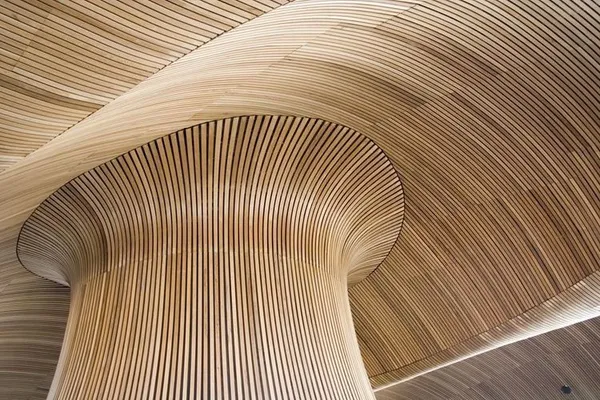 Vista interna di un edificio caratterizzato da calde pareti in legno, che creano un'atmosfera accogliente e invitante.